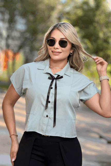 Camisa en falso chalis con manga y boton (incluye cinta)